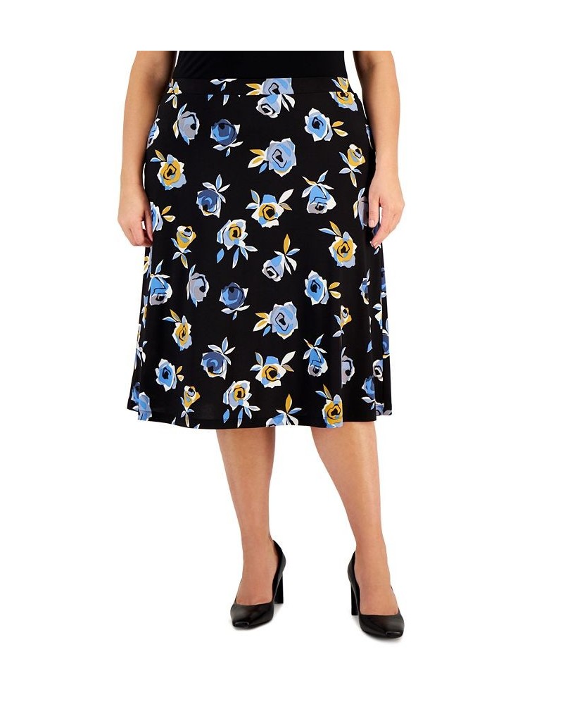 Plus Size Pull-On Floral Midi Skirt Black Multi $47.17 Skirts