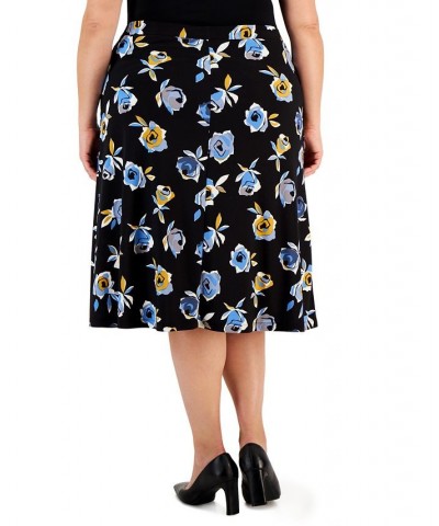 Plus Size Pull-On Floral Midi Skirt Black Multi $47.17 Skirts