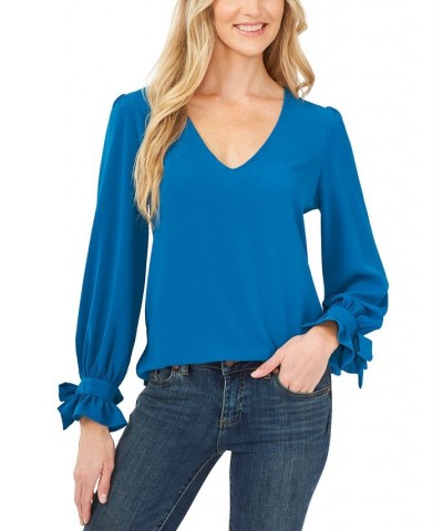 Women's Solid Long Sleeve V-Neck Tie-Cuff Blouse Sapphire Sky $43.45 Tops