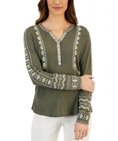Petite Embroidered Henley-Neck Top Olive Zigzag $16.36 Tops