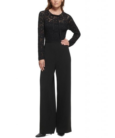 Women's Lace-Bodice Bow-Neck Jumpsuit Black $53.76 Pants
