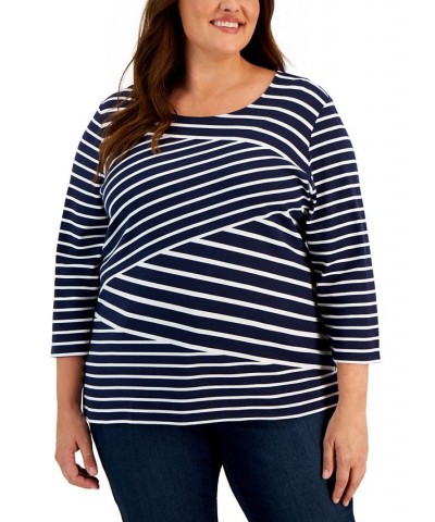 Plus Size 3/4-Sleeve Striped Top Intrepid Blue $14.19 Tops