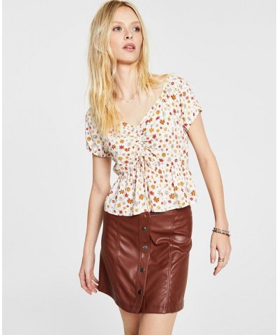 Juniors' Floral-Print Ruched Top Ivory/Cream $15.59 Tops