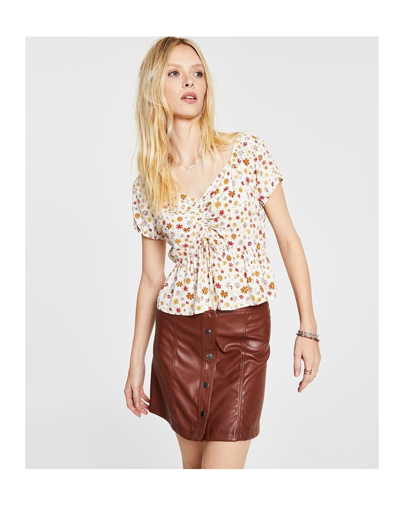 Juniors' Floral-Print Ruched Top Ivory/Cream $15.59 Tops