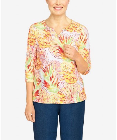 Petite Size Key Items Tropical Pineapple Print Knit Split Neck Top Coral $17.30 Tops