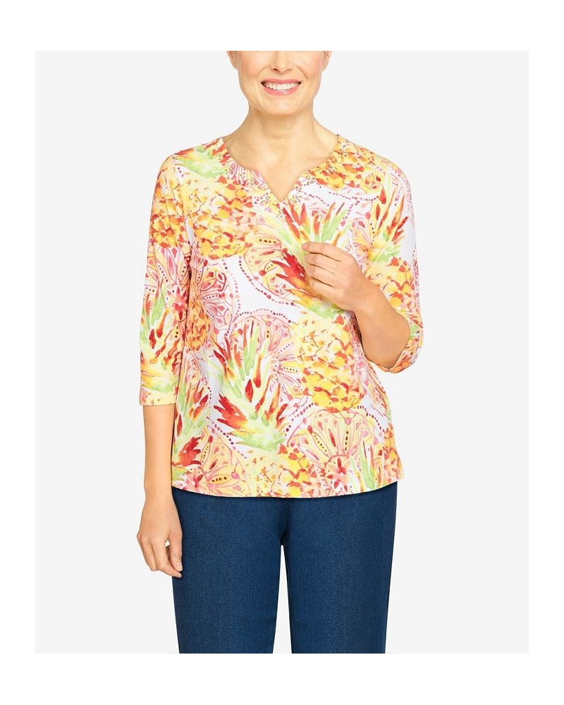 Petite Size Key Items Tropical Pineapple Print Knit Split Neck Top Coral $17.30 Tops