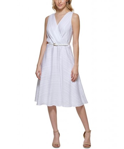 Women's Striped Faux-Wrap Midi Dress White $62.01 Dresses