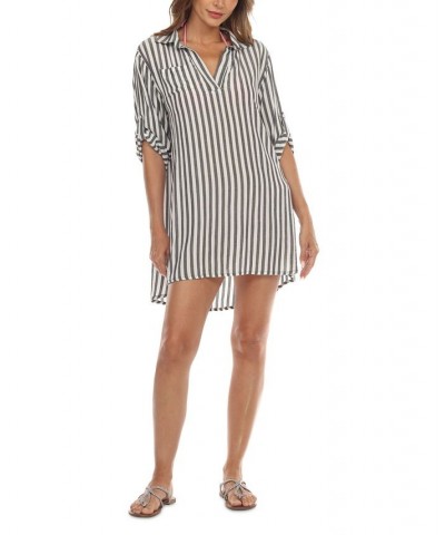 Women's Striped Swim Cover-Up Tunic Black $30.08 Swimsuits