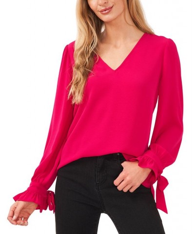 Women's Solid Long Sleeve V-Neck Tie-Cuff Blouse Bright Geranium $25.70 Tops