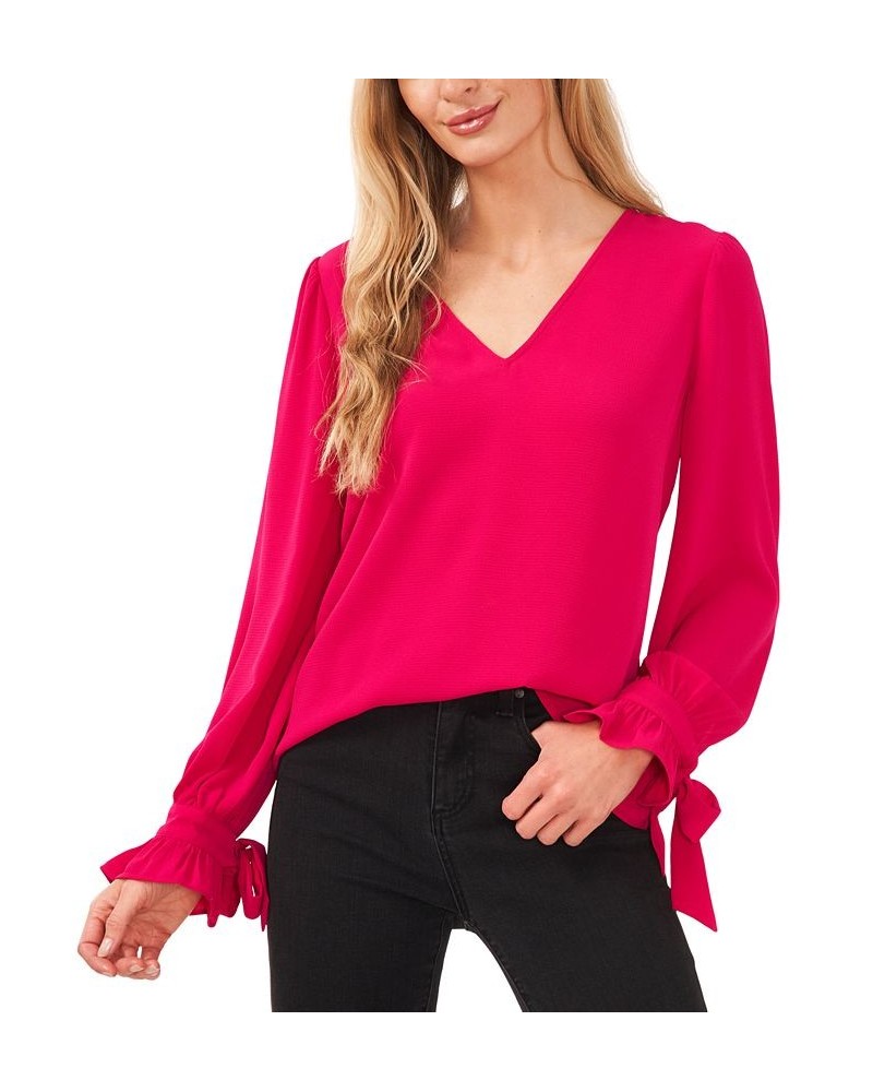 Women's Solid Long Sleeve V-Neck Tie-Cuff Blouse Bright Geranium $25.70 Tops