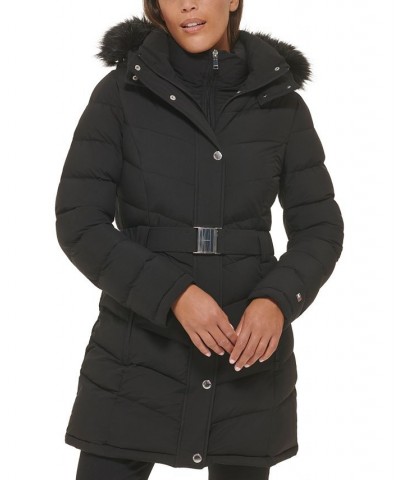 Women's Belted Faux-Fur-Trim Hooded Puffer Coat Black $82.80 Coats