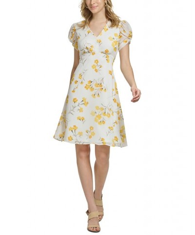 Women's Floral-Print Puff-Sleeve A-Line Dress Golden Multi $64.50 Dresses