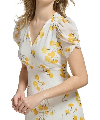 Women's Floral-Print Puff-Sleeve A-Line Dress Golden Multi $64.50 Dresses