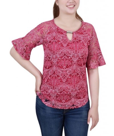 Petite Short Bell Sleeve Lace Blouse Pink $12.71 Tops