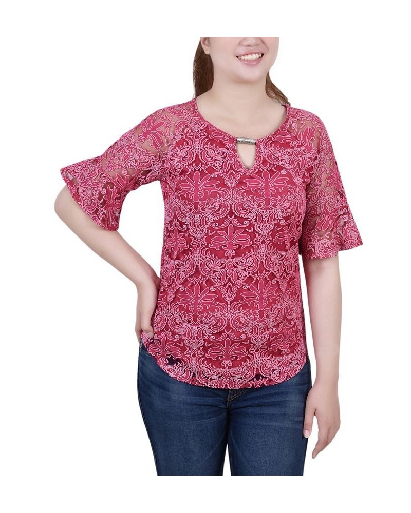 Petite Short Bell Sleeve Lace Blouse Pink $12.71 Tops