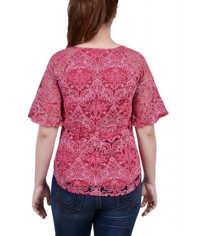 Petite Short Bell Sleeve Lace Blouse Pink $12.71 Tops