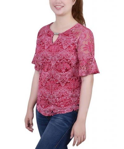 Petite Short Bell Sleeve Lace Blouse Pink $12.71 Tops