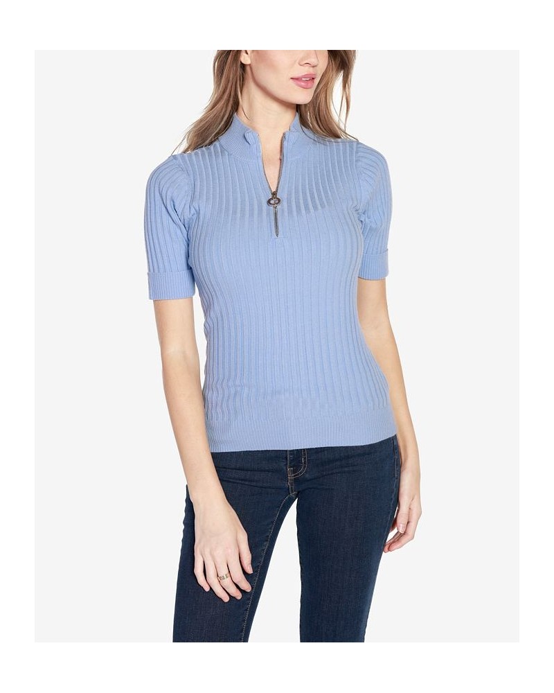 Black Label Petite Size Ribbed Zip Mock Neck Sweater Blue $34.00 Sweaters