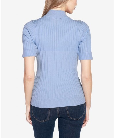Black Label Petite Size Ribbed Zip Mock Neck Sweater Blue $34.00 Sweaters