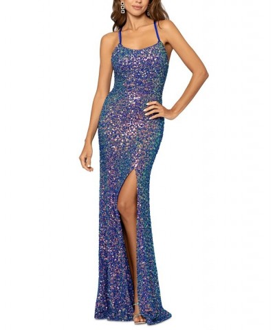 Women's Slit-Front Lace-Up Back Sequin Gown Royal Purple $76.50 Dresses