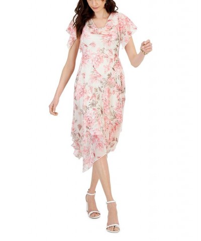 Petite Draped-Neck Handkerchief-Hem Dress Ivory/Blush $42.72 Dresses