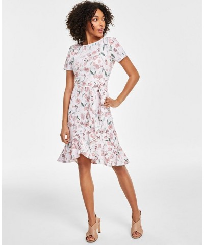 Women's Floral-Print Short-Sleeve Ruffle-Hem Dress Blush Multi $47.26 Dresses