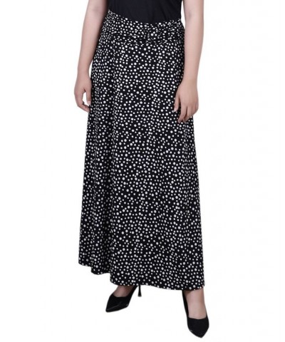 Petite Maxi A-Line Skirt with Front Faux Belt Black Ivory Dot $17.40 Skirts