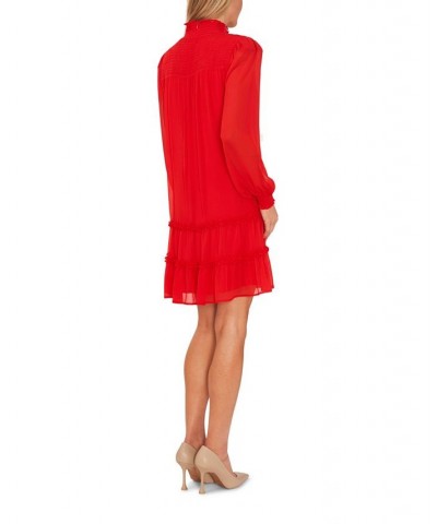Women's Long Sleeve Smocked Mock-Neck Ruffle Hem Dress Red $30.58 Dresses