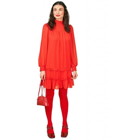 Women's Long Sleeve Smocked Mock-Neck Ruffle Hem Dress Red $30.58 Dresses