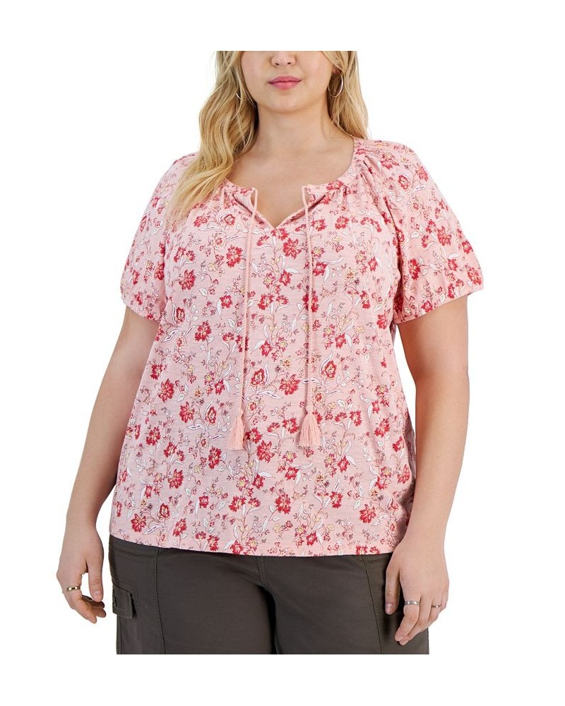 Plus Size Floral Print Split-Neck Top Pink $18.59 Tops