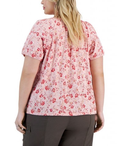 Plus Size Floral Print Split-Neck Top Pink $18.59 Tops