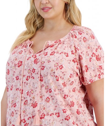 Plus Size Floral Print Split-Neck Top Pink $18.59 Tops