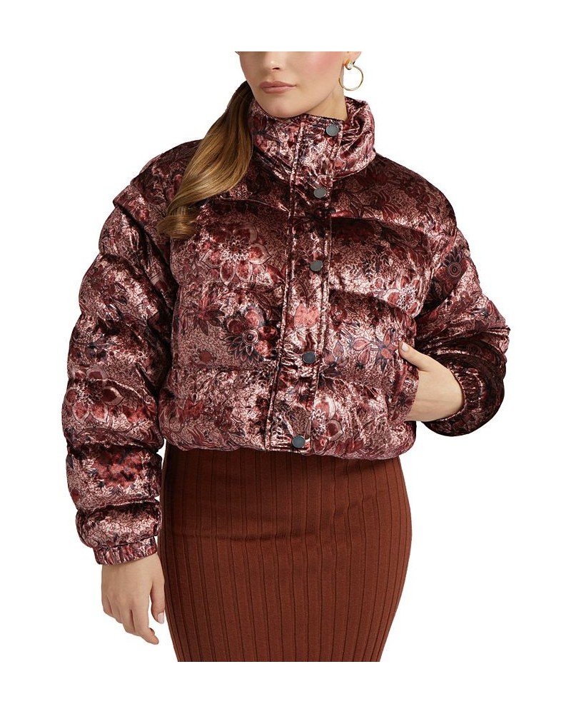 Women's Sela Cropped Puffer Coat Spice Market Floral Print Red $39.93 Coats