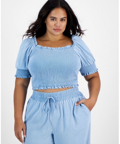 Plus Size Chambray Smocked Puff-Sleeve Crop Top Blue Whisper $19.08 Tops