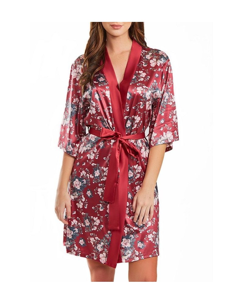 Women's Jenna Contrast Satin Floral Robe with Self Tie Sash 1 Piece Burgundy $47.43 Sleepwear