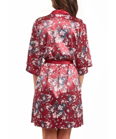 Women's Jenna Contrast Satin Floral Robe with Self Tie Sash 1 Piece Burgundy $47.43 Sleepwear