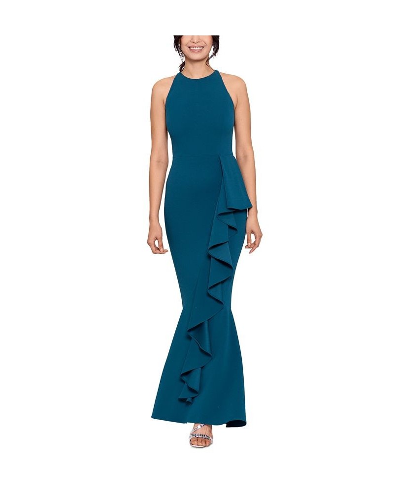 Women's Halter Side-Ruffle Scuba Crepe Gown Azure $122.76 Dresses