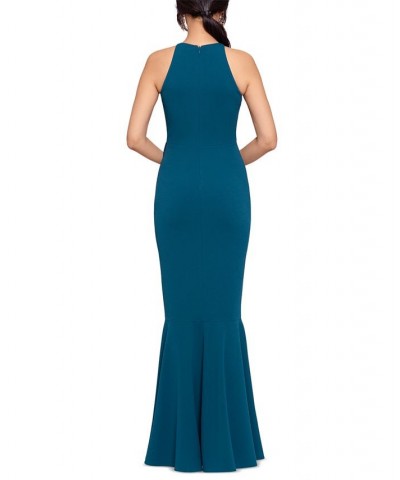 Women's Halter Side-Ruffle Scuba Crepe Gown Azure $122.76 Dresses