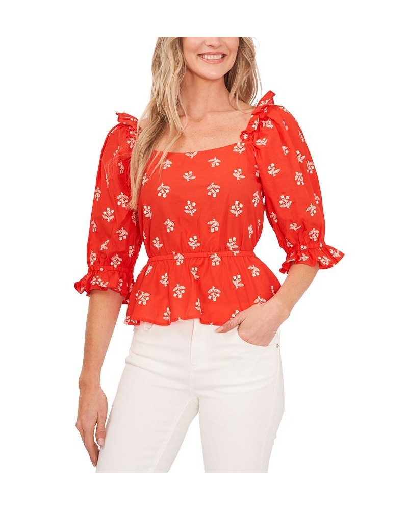 Embroidered Puff-Sleeve Cotton Top Poppy Red $20.61 Tops