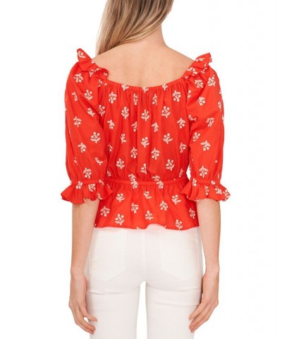 Embroidered Puff-Sleeve Cotton Top Poppy Red $20.61 Tops