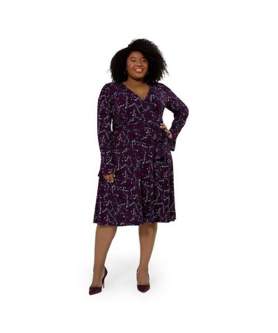 Womens Plus Size Rosalia Puff Sleeve Wrap Dress (Curve) Butterfly Wing Collage Orchid Haze $75.84 Dresses