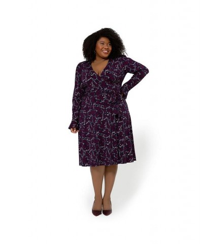 Womens Plus Size Rosalia Puff Sleeve Wrap Dress (Curve) Butterfly Wing Collage Orchid Haze $75.84 Dresses