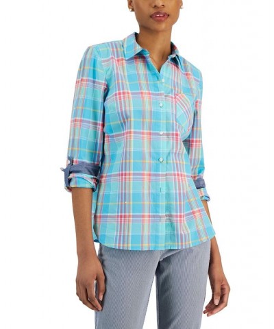 Women's Roll-Tab-Sleeve Boyfriend Shirt Blue $35.78 Tops