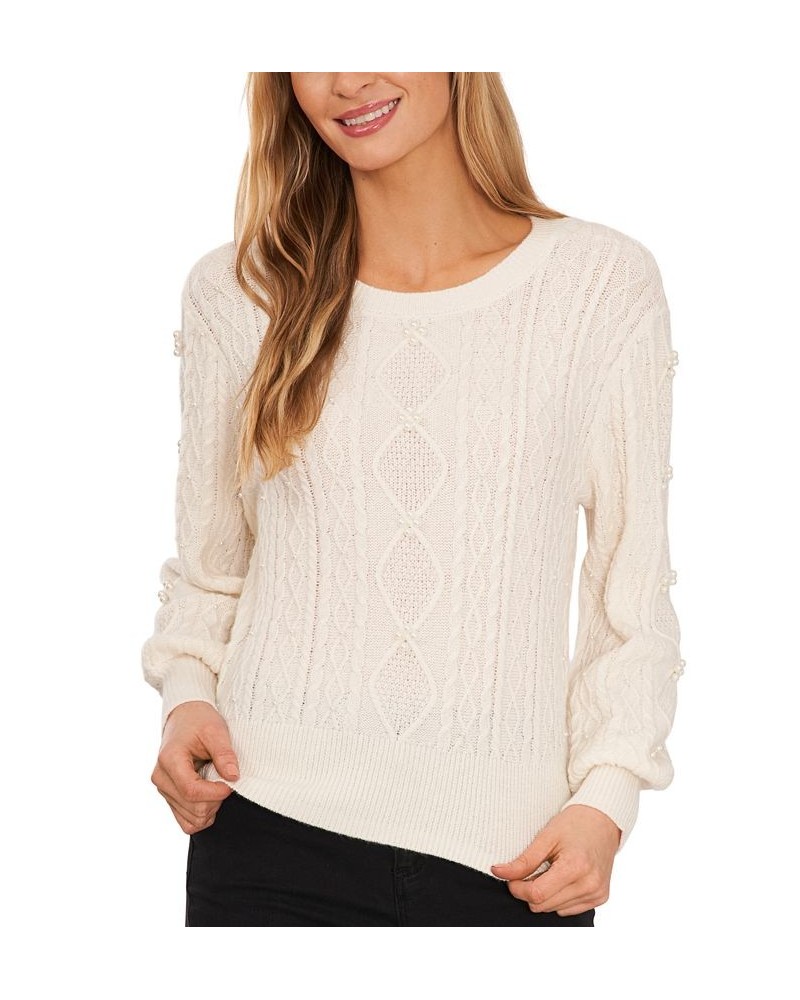 Women's Embellished Cable-Knit Crewneck Sweater Antique White $36.09 Sweaters