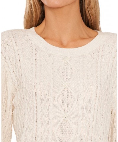 Women's Embellished Cable-Knit Crewneck Sweater Antique White $36.09 Sweaters