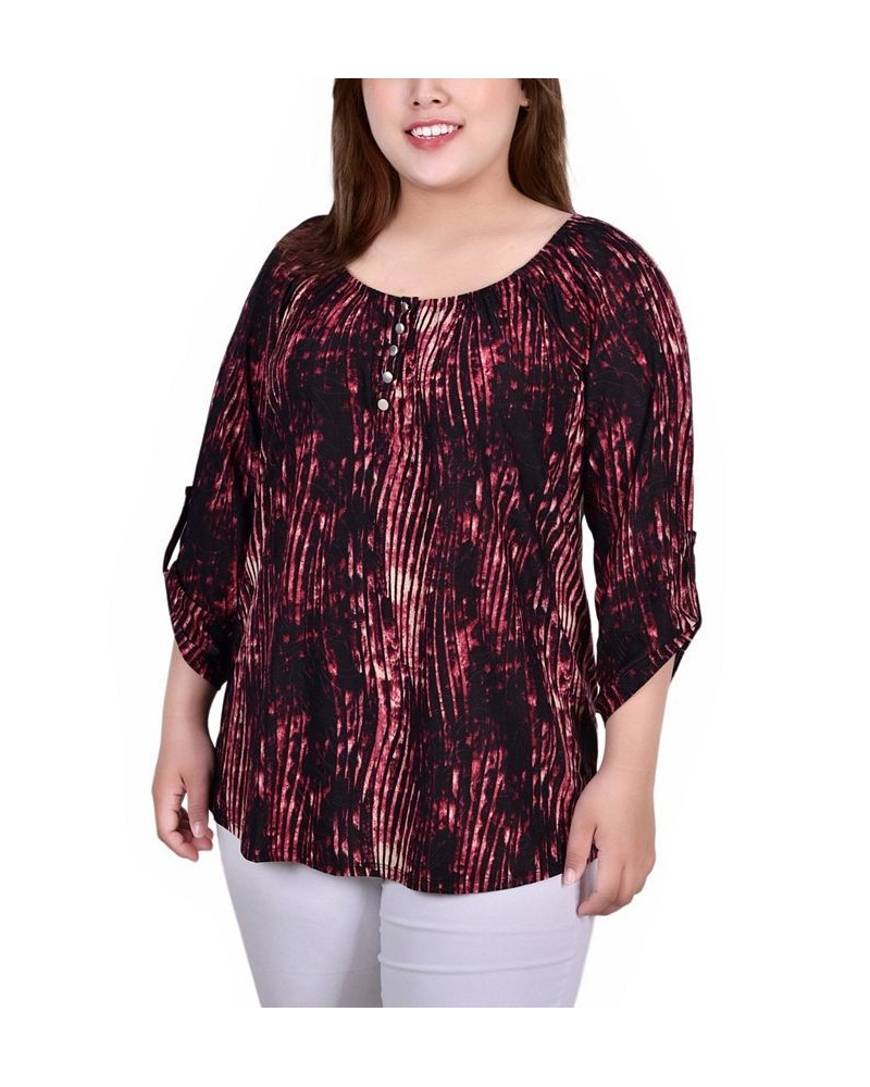 Plus Size 3/4 Push Tab Round Neck Henley Top Red Swirlbreeze $13.72 Tops