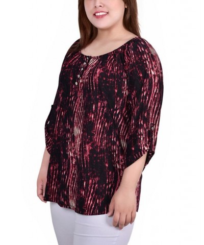 Plus Size 3/4 Push Tab Round Neck Henley Top Red Swirlbreeze $13.72 Tops