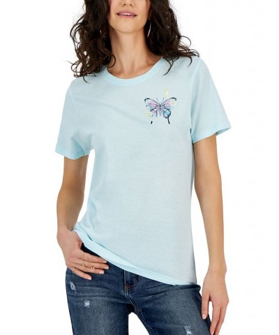 Juniors' Butterfly Graphic Crewneck T-Shirt Blue $12.30 Tops