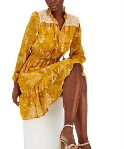 Women's Lace-Trim Tiered Split-Neck Dress Mustard/Ivory $26.49 Dresses