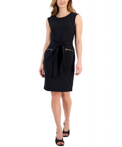 Women's Belted Cap-Sleeve Sheath Dress Black $52.32 Dresses